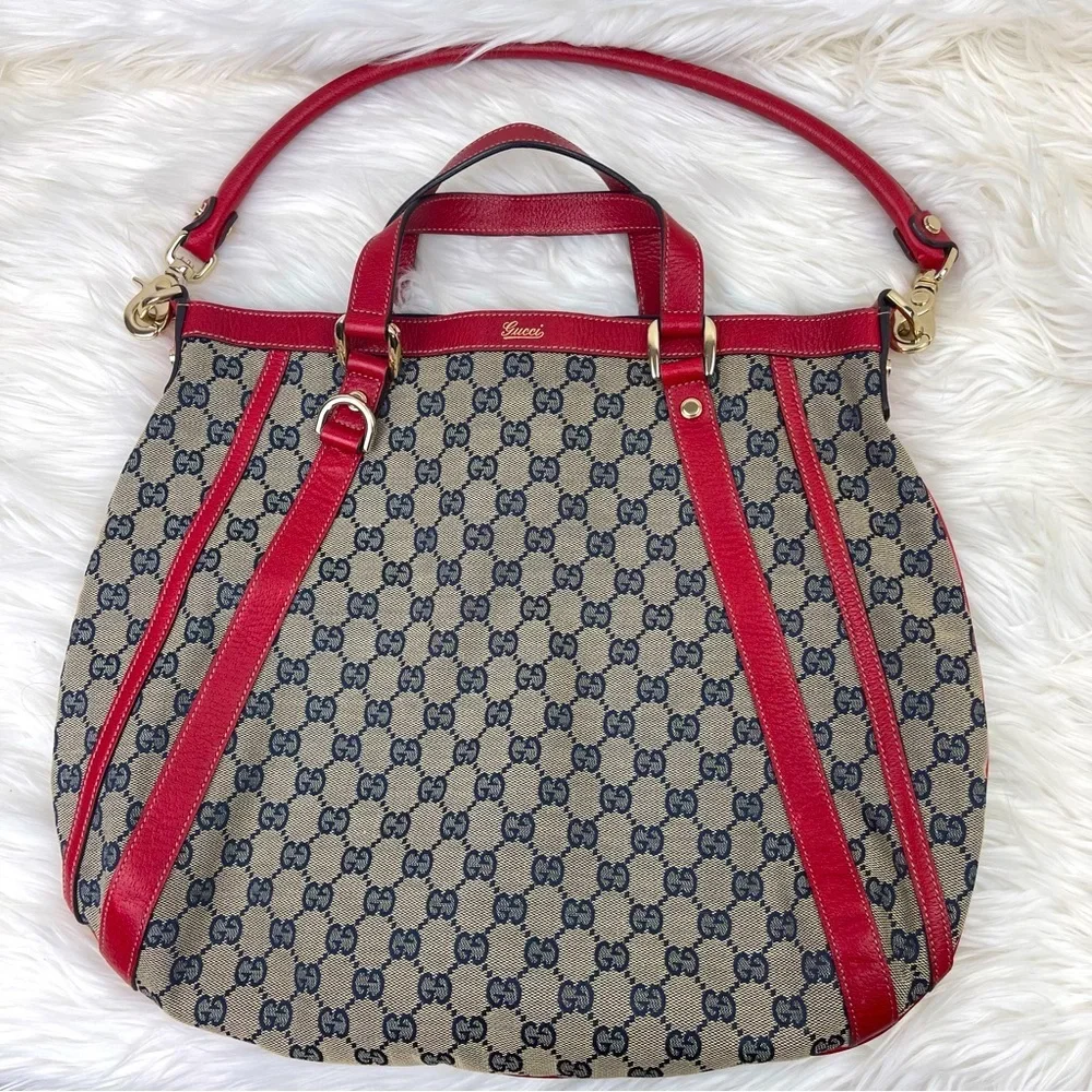 GUCCI Red & Blue GG Canvas and Leather Abbey Two Way Hobo Bag